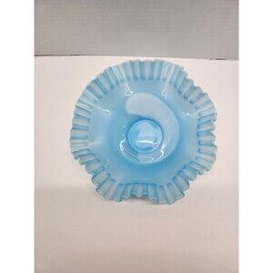 Vintage Fenton Art Glass Ruffle Edge Bowl 10 Inch Baby Blue White Slag